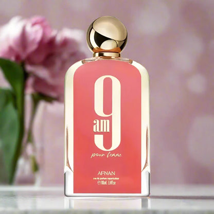 "9am Pour Femme Perfume 100ml EDP by Afnan - Elegant and modern perfume bottle on a clean background."