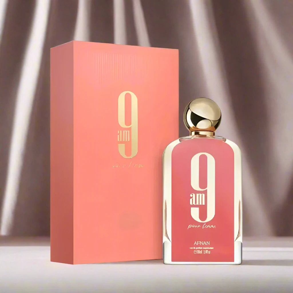 "9am Pour Femme Perfume 100ml EDP by Afnan - Elegant and modern perfume bottle on a clean background."
