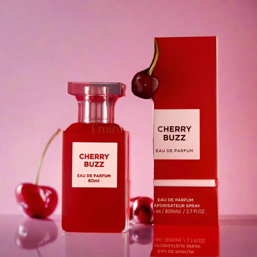 Cherry Buzz Perfume 100ml EDP by Fragrance World - Vibrant and sweet cherry-themed fragrance.