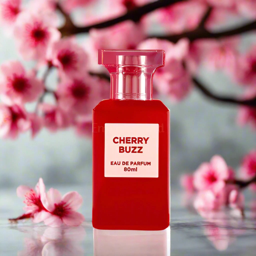 Cherry Buzz Perfume 100ml EDP by Fragrance World - Lively and sweet cherry-inspired fragrance in an elegant bottle.