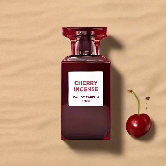 80ml Cherry Incense EDP by Fragrance World, featuring a blend of cherry and smoky notes.