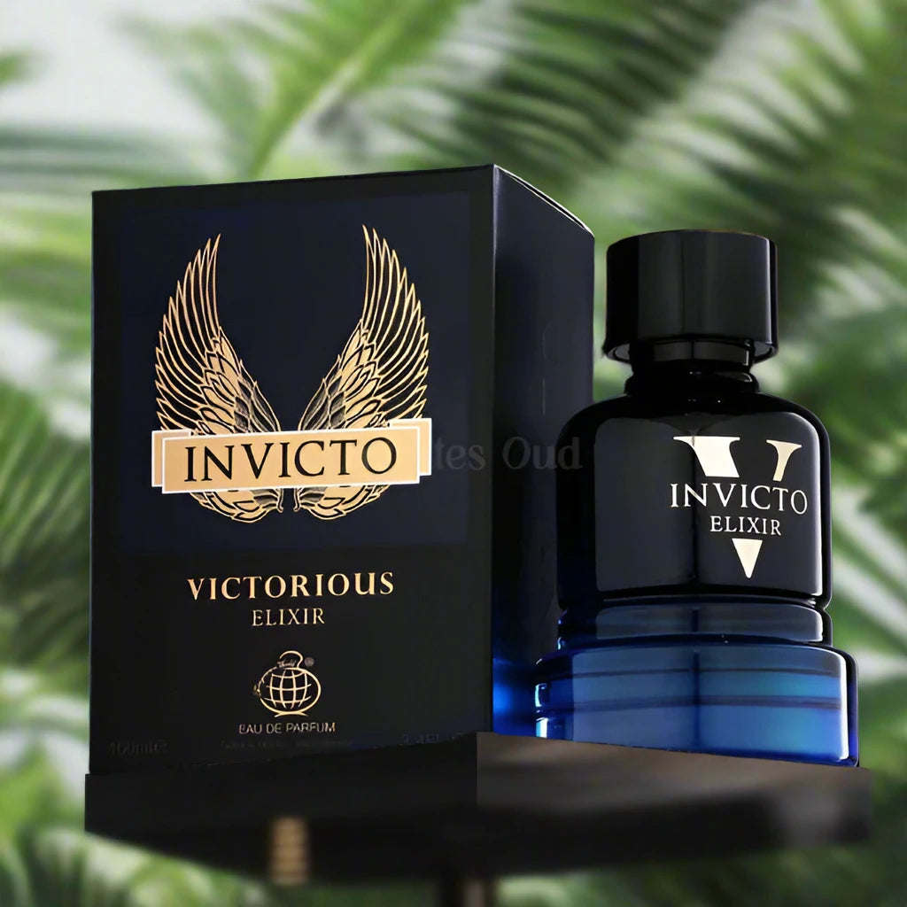 100ml Invicto Victorious Elixir EDP by Fragrance World, featuring citrus, spicy, and warm notes.