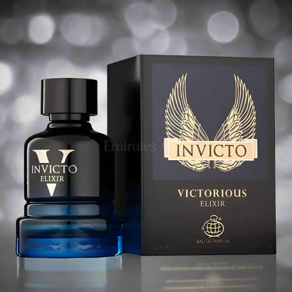 100ml Invicto Victorious Elixir EDP by Fragrance World, featuring citrus and spicy notes for men.