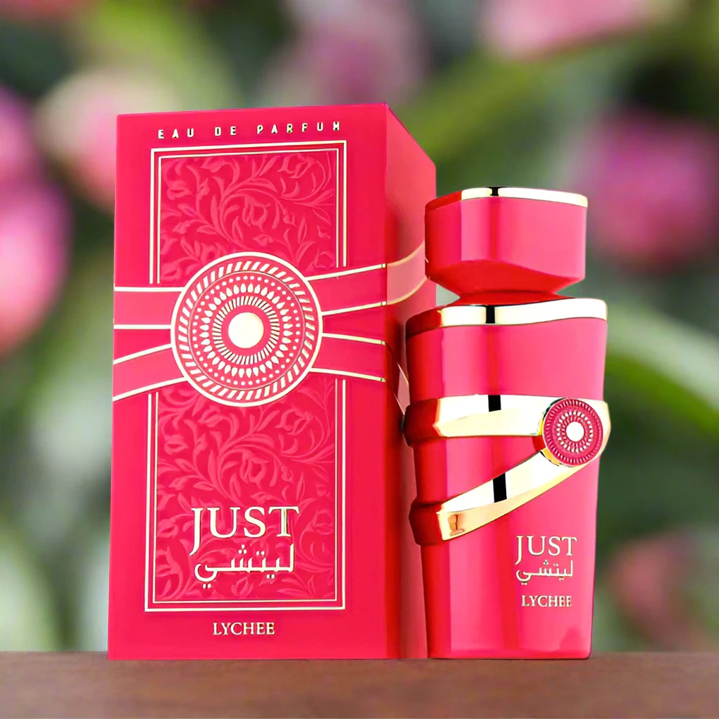 Just Lychee Perfume 100ml EDP bottle featuring a vibrant and fruity design.