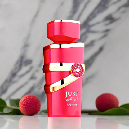 Just Lychee Perfume 100ml EDP bottle featuring a vibrant and fruity design.