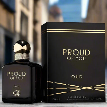 Proud Of You Oud Perfume 100ml EDP bottle designed for a sophisticated masculine fragrance.