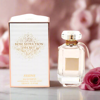 Rose Seduction Secret Festive Perfume 100ml EDP by Fragrance World - Romantic and festive fragrance in a chic bottle.