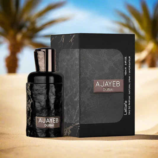 A luxurious perfume bottle of Ajayeb Dubai 100ml EDP by Lattafa, featuring an elegant design with intricate golden accents, placed against a serene desert-inspired background.