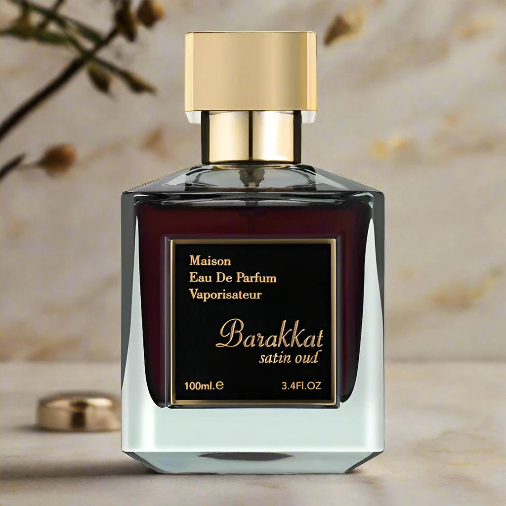 Barakkat Satin Oud Perfume 100ml EDP by Fragrance World - Luxurious oud fragrance in an elegant bottle.