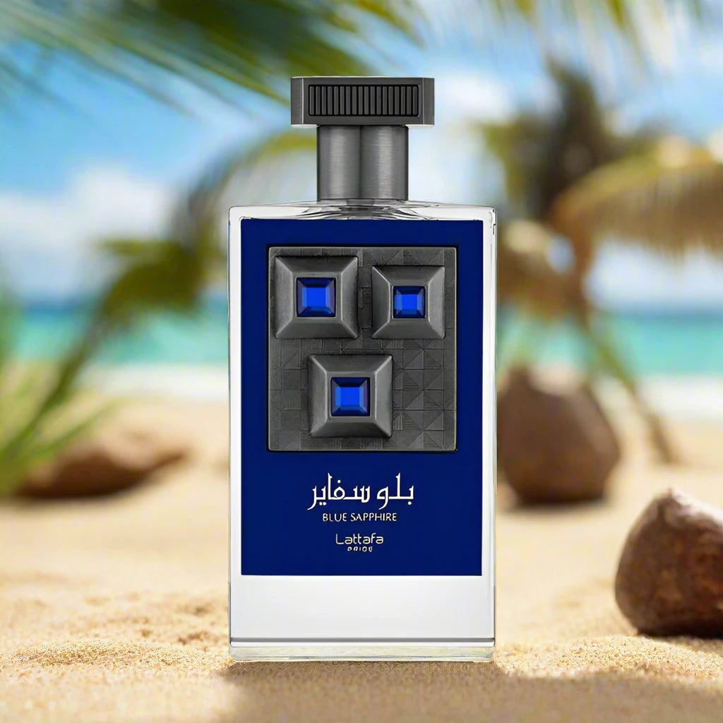 "Blue Sapphire Perfume 100ml EDP by Lattafa Pride - A luxurious bottle in a striking blue design, reflecting sophistication and charm."
