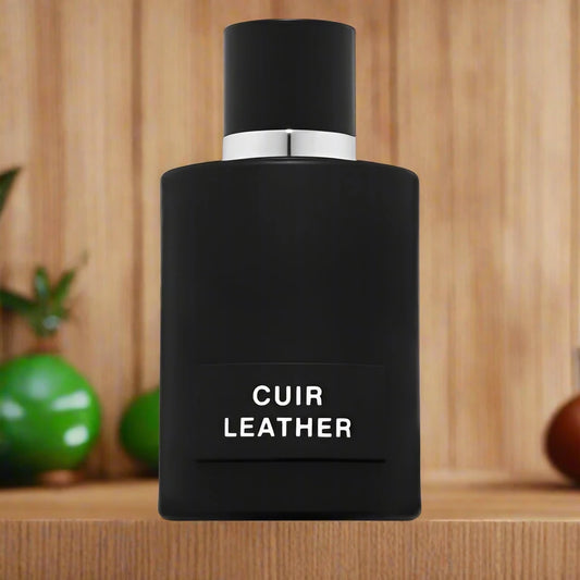 Cuir Leather Perfume 100ml EDP by Fragrance World - Sophisticated leather-inspired scent in premium packaging.