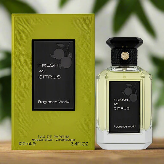 Fresh as Citrus Perfume 100ml EDP by Fragrance World - Bright, zesty fragrance in an elegant bottle.