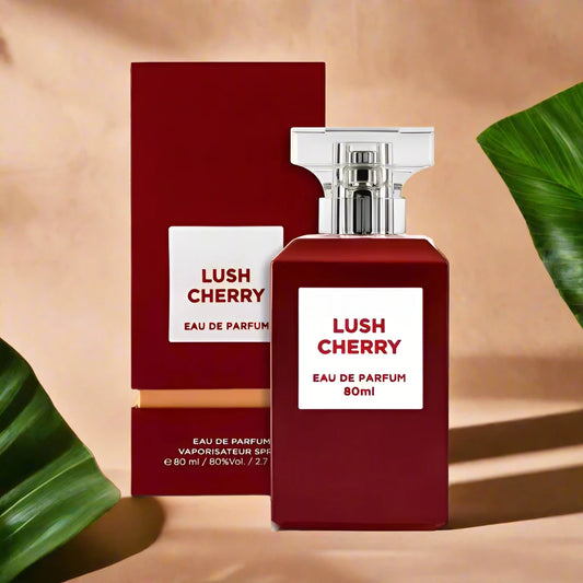 "Lush Cherry Perfume 80ml EDP by Fragrance World - A vibrant, sweet cherry scent with a refreshing, fruity essence."

