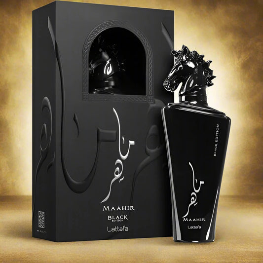  Lattafa Maahir Black Edition 100ml Eau de Parfum bottle with a sophisticated design.