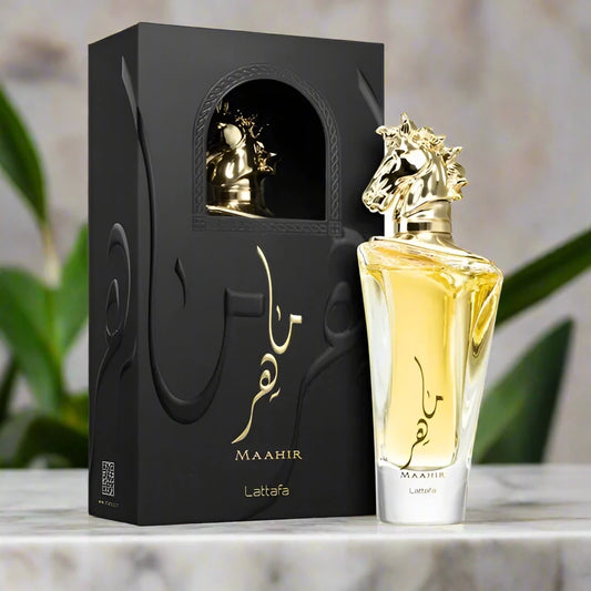 Lattafa Maahir 100ml Eau de Parfum bottle featuring an elegant design.