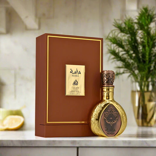 Luxury amber-toned perfume bottle with a minimalist label and wooden stopper