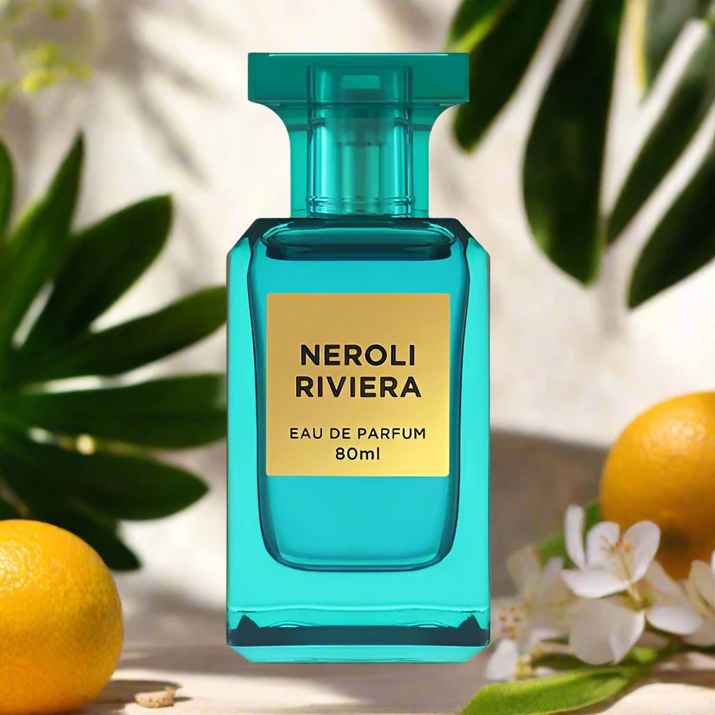 80ml Neroli Riviera EDP by Fragrance World, featuring vibrant citrus and floral notes.