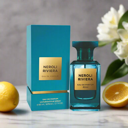 80ml Neroli Riviera EDP by Fragrance World, featuring vibrant citrus and floral notes.