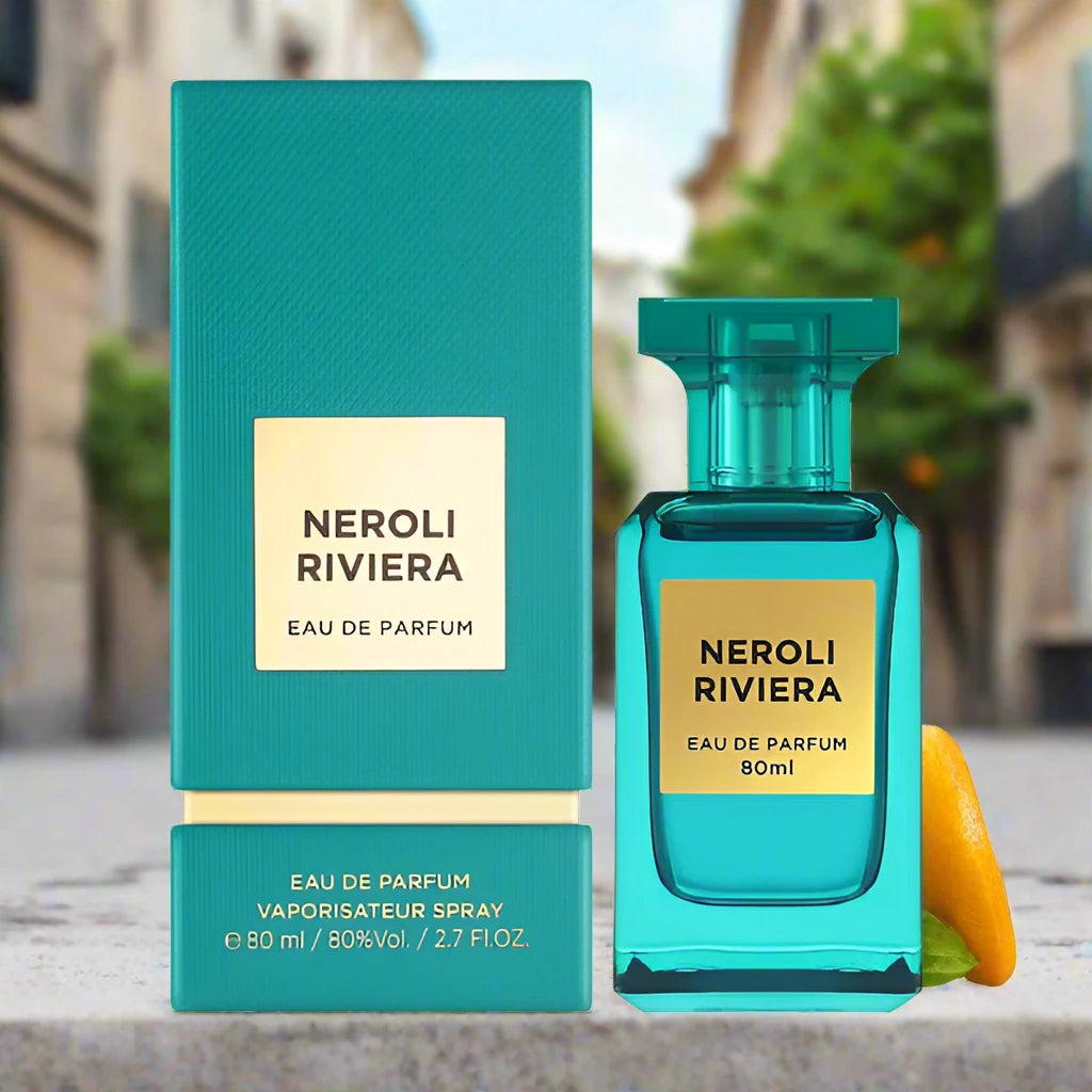 80ml Neroli Riviera EDP by Fragrance World, showcasing vibrant citrus and floral notes.