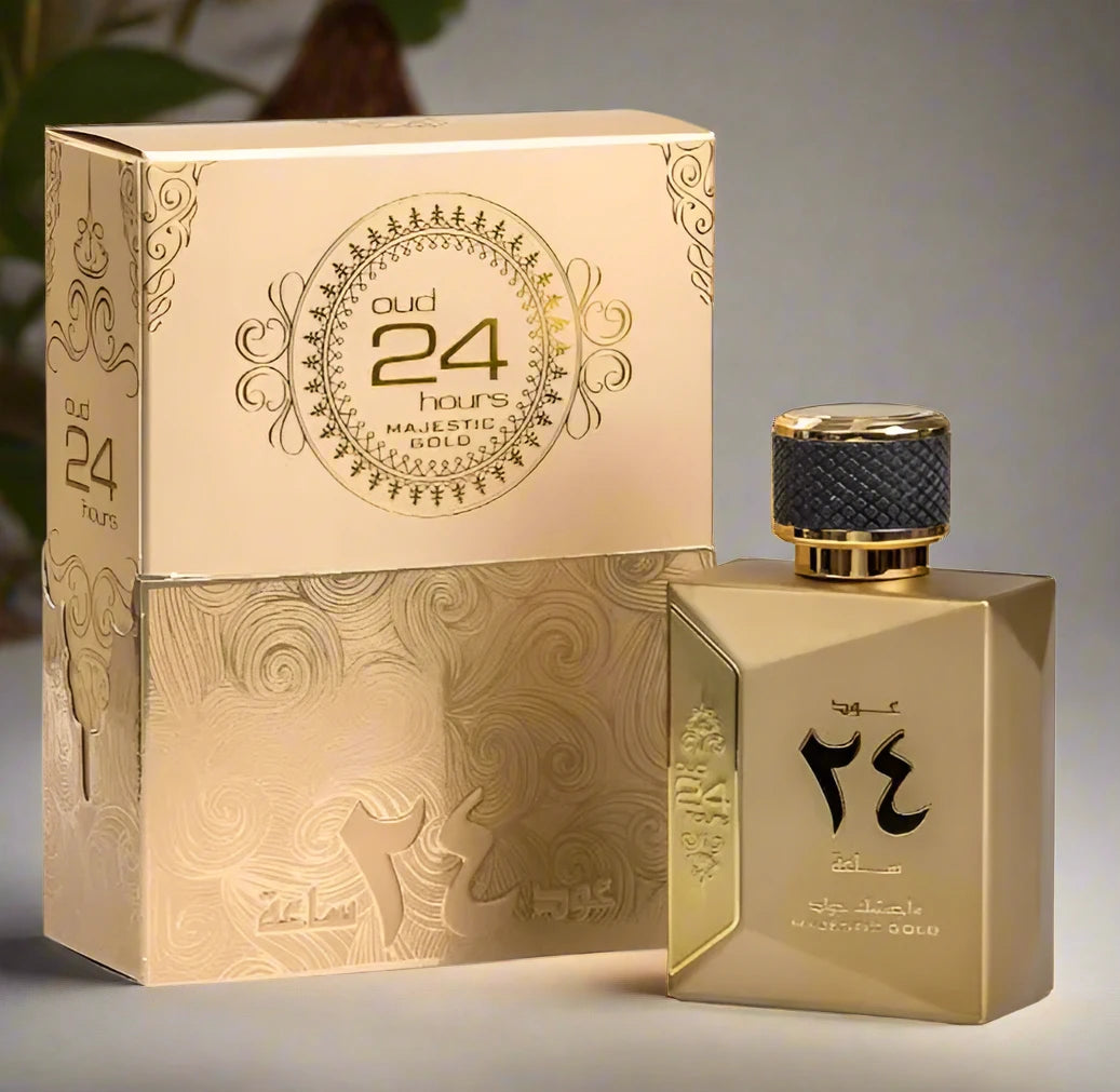 "Oud 24 Hours Majestic Gold Perfume 100ml EDP by Ard Al Zaafaran - A regal fragrance in an elegant gold bottle."

