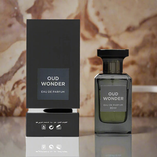 80ml Oud Wonder EDP by Fragrance World, featuring rich woody and oriental notes with warm undertones.