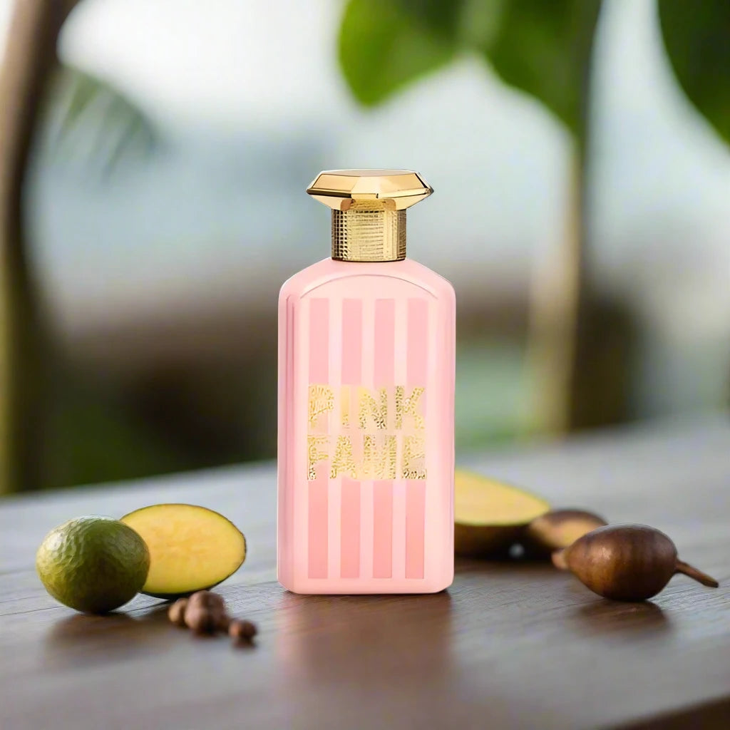 "Pink Fame Perfume 100ml EDP by Fragrance World - A floral and fresh fragrance in a chic pink bottle."

