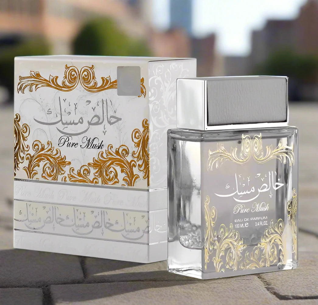 Lattafa Pure Khalis Musk 100ml Eau de Parfum bottle with a minimalist design.