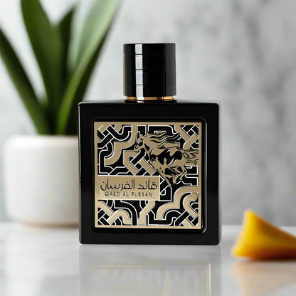 Lattafa Qaed Al Fursan 90ml Eau de Parfum bottle with an elegant design.