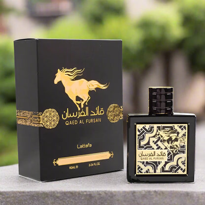 Lattafa Qaed Al Fursan 90ml Eau de Parfum bottle showcasing its elegant design.