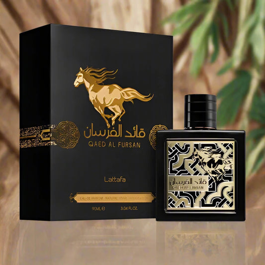 Lattafa Qaed Al Fursan 90ml Eau de Parfum bottle with a stylish design.