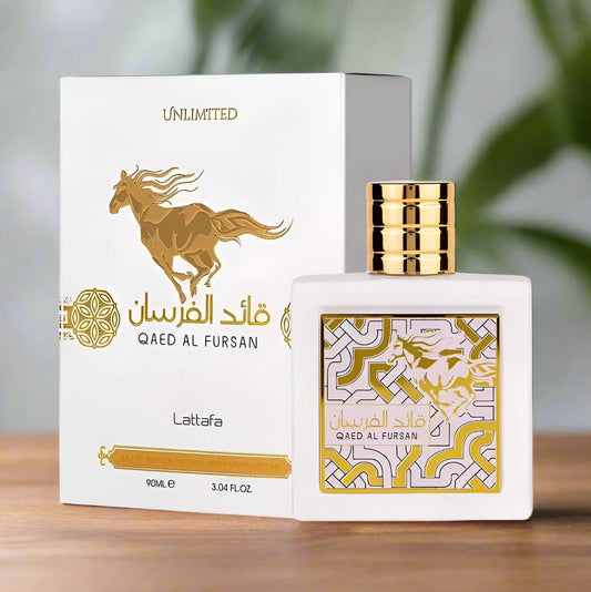 "Qaed Al Fursan Unlimited Perfume 90ml EDP by Lattafa - A bold and invigorating fragrance in a sleek bottle."

