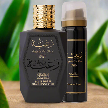 Lattafa Raghba For Man Limited Edition 100ml Eau de Parfum bottle with a modern design.