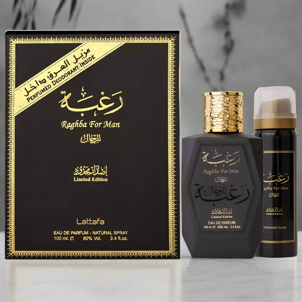 Lattafa Raghba For Man Limited Edition 100ml Eau de Parfum bottle with a stylish design.