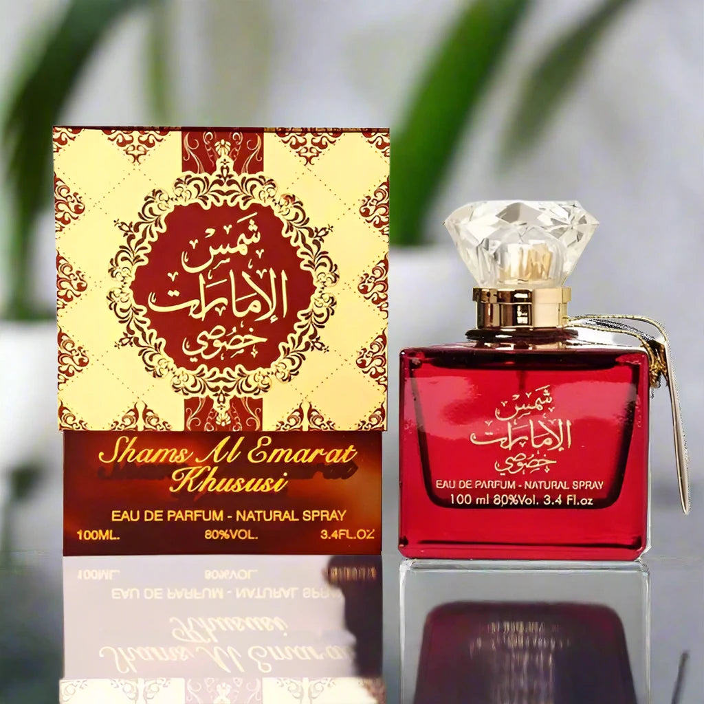 Shams Al Emarat Khususi Perfume 100ml EDP bottle featuring an elegant design.