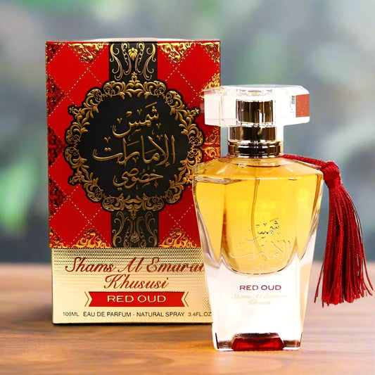 Shams Al Emarat Khususi Red Oud Perfume 100ml EDP by Ard Al Zaafaran, a luxurious woody oriental fragrance.