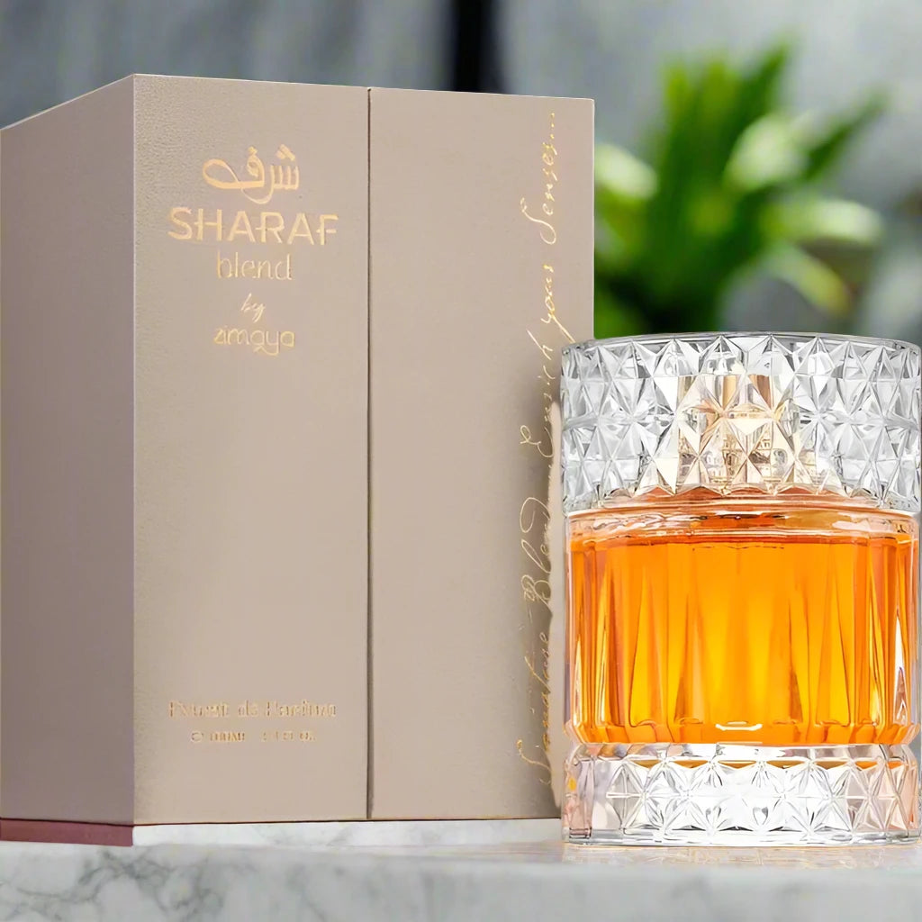 Luxury amber-toned perfume bottle with a minimalist label and wooden stopper