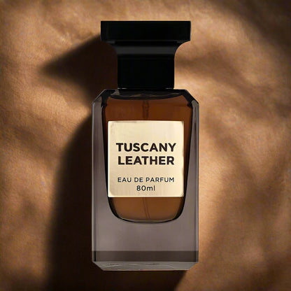 Tuscany Leather Perfume 80ml EDP by Fragrance World - Bold and elegant leather aroma.