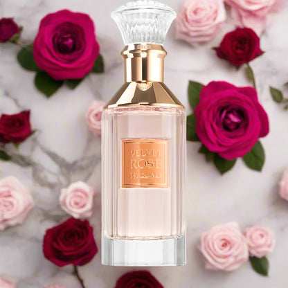 Velvet Rose Perfume 100ml EDP by Lattafa, a sophisticated floral fragrance for all.
