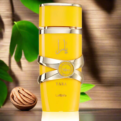 Luxury amber-toned perfume bottle with a minimalist label and wooden stopper